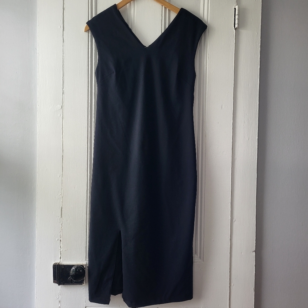 Tahari Black V-Neck Midi Sheath Dress